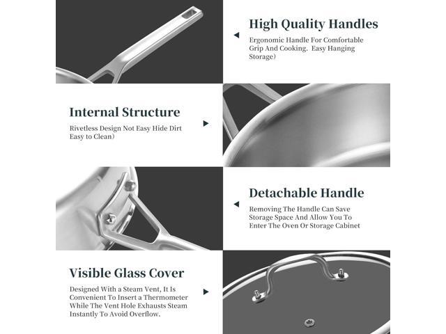 Tri-Ply Stainless Steel Saute Pan 5QT, 12 Inch Deep Frying Pan with lids, 3-layer Large Skillet with Stay Cool Handle, Induction Pan, Durable,...