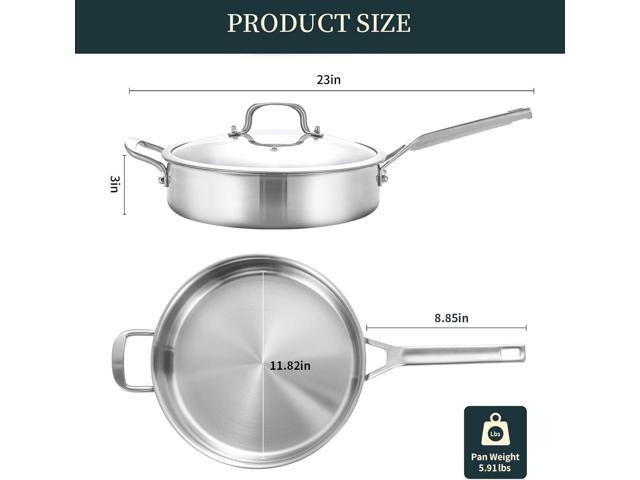 Tri-Ply Stainless Steel Saute Pan 5QT, 12 Inch Deep Frying Pan with lids, 3-layer Large Skillet with Stay Cool Handle, Induction Pan, Durable,...