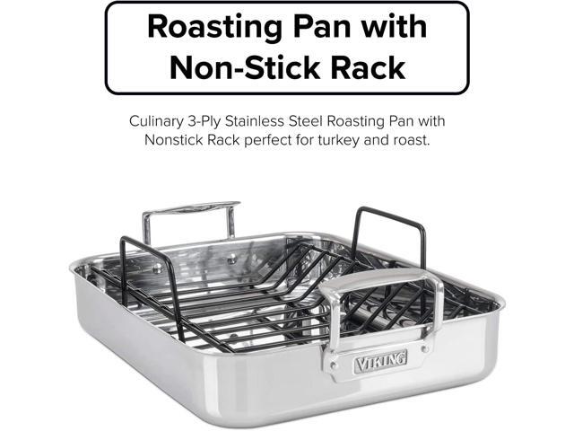 Viking 3-Ply Stainless Steel Roasting Pan with Non Stick Rack, 16 x 13 Inch Kitchen Cookware, Great for Turkey, Dishwasher and Oven Safe, Induction...