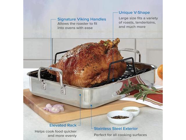 Viking 3-Ply Stainless Steel Roasting Pan with Non Stick Rack, 16 x 13 Inch Kitchen Cookware, Great for Turkey, Dishwasher and Oven Safe, Induction...