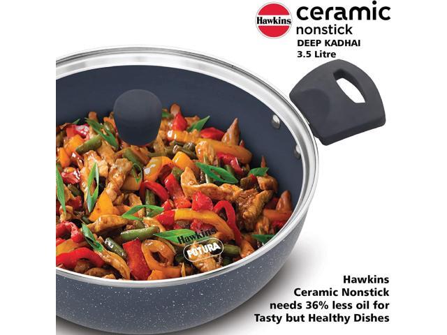 HAWKINS Ceramic Nonstick 3.5 Litre Deep Kadhai, Induction Deep Fry Pan with Glass Lid, Granite Kadai (ICK35G)