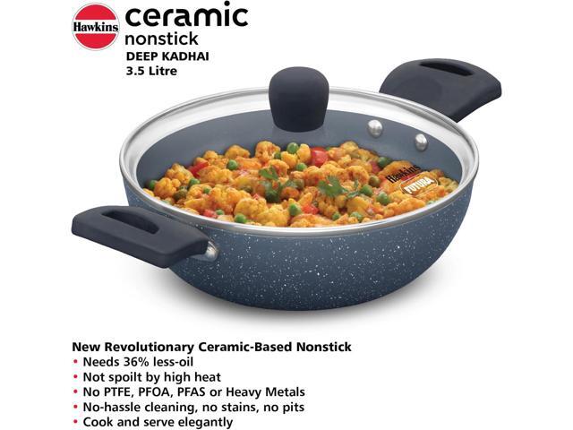 HAWKINS Ceramic Nonstick 3.5 Litre Deep Kadhai, Induction Deep Fry Pan with Glass Lid, Granite Kadai (ICK35G)
