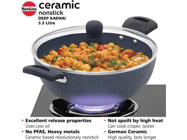 HAWKINS Ceramic Nonstick 3.5 Litre Deep Kadhai, Induction Deep Fry Pan with Glass Lid, Granite Kadai (ICK35G)
