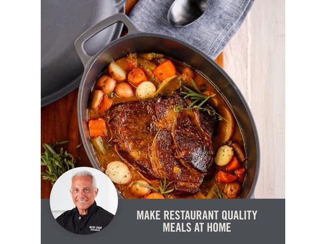 DASH Zakarian by Dash 6 Qt Nonstick Cast Iron Double Dutch Oven, Oval Pot with 2-in-1 Skillet Lid, Black