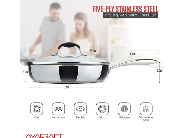 AVACRAFT 18/10 12 Inch Stainless Steel Frying Pan with Lid, Side Spouts, Induction Pan, Versatile Stainless Steel Skillet, Fry Pan in our Pots and...