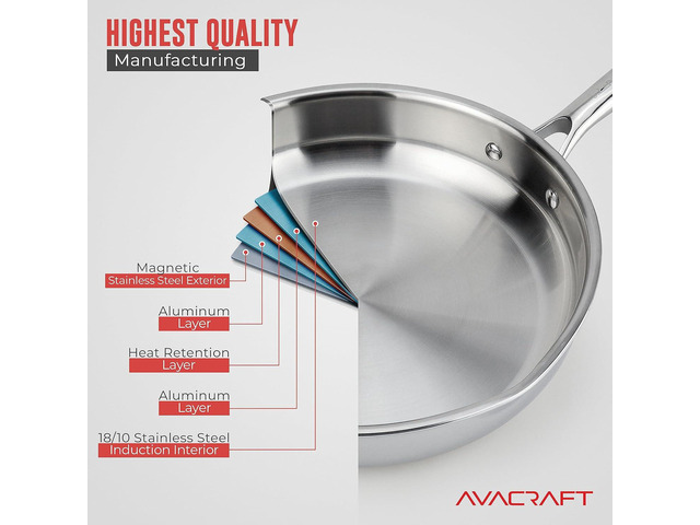 AVACRAFT 18/10 12 Inch Stainless Steel Frying Pan with Lid, Side Spouts, Induction Pan, Versatile Stainless Steel Skillet, Fry Pan in our Pots and...