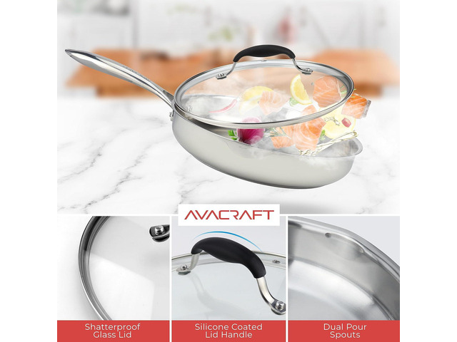 AVACRAFT 18/10 12 Inch Stainless Steel Frying Pan with Lid, Side Spouts, Induction Pan, Versatile Stainless Steel Skillet, Fry Pan in our Pots and...