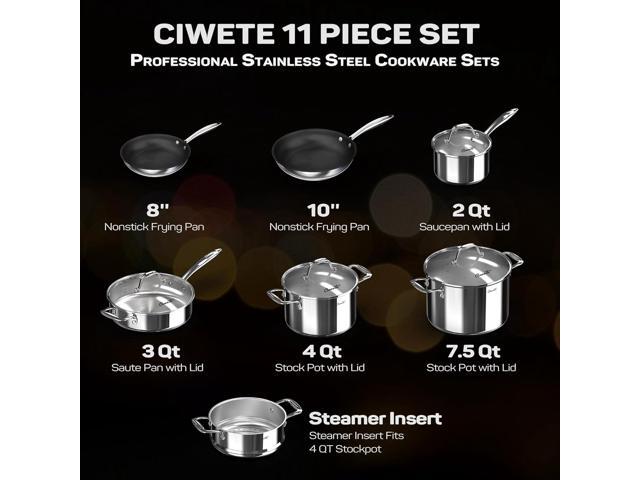 Stainless Steel Nonstick Pots and Pans Set - 11PC, 18/10 Triple Ply Stainless Steel Induction Cookware Set, Kitchen Cookware Sets with Steamer...