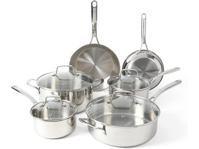 Martha Stewart Castelle 10 Piece 18/8 Stainless Steel Induction Safe Pots and Pans Non-Toxic Triply Bottom Kitchen Cookware Set
