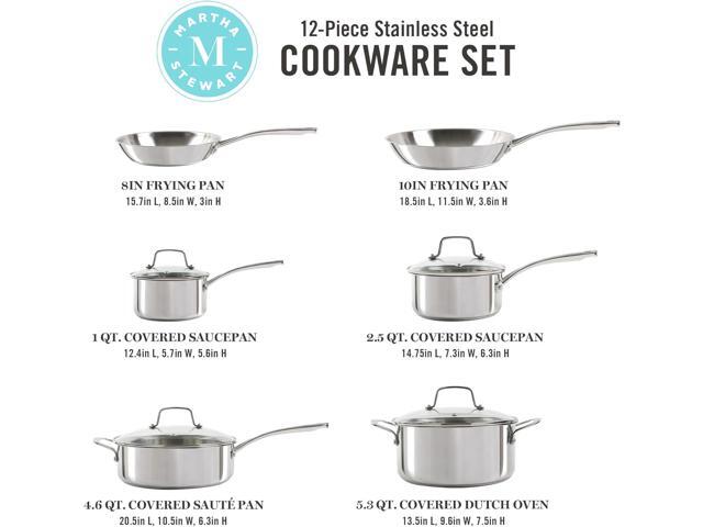 Martha Stewart Castelle 10 Piece 18/8 Stainless Steel Induction Safe Pots and Pans Non-Toxic Triply Bottom Kitchen Cookware Set
