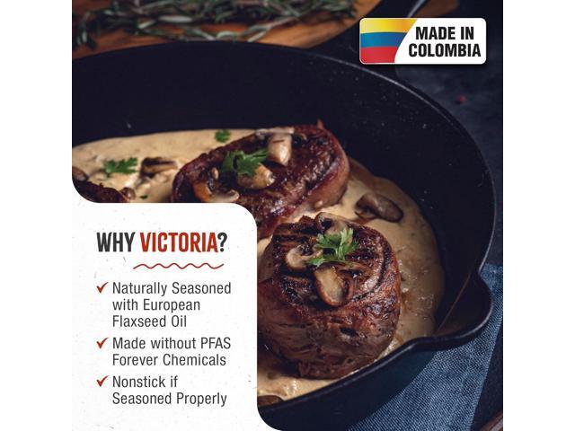 Victoria Cast Iron Skillet Large Frying Pan with Helper Handle Seasoned with 100% Kosher Certified Non-GMO Flaxseed Oil, 12 Inch, Black