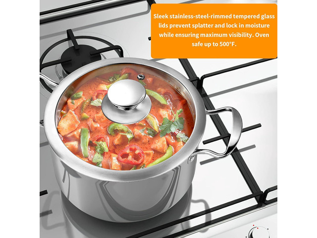 Stainless Steel Pots and Pans Set, 6 Piece Kitchen Cookware Sets with Glass Lids, Stay Cool Handle, Works with Induction, Electric and Gas...