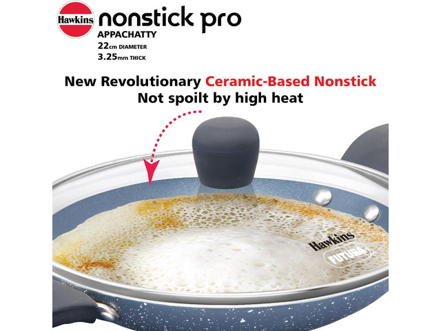 Hawkins Nonstick Pro 0.9 Litre Appachatty, Mini Kadhai, Appachatti, Appachetty, Appam Pot Maker, Deep Fry Pan with Glass Lid, Granite Kadai