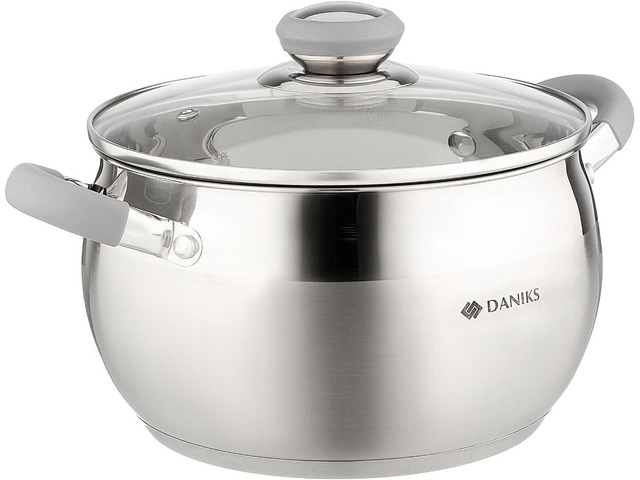 Daniks Modern Stainless Steel Stock Pot with Glass Lid Induction 4 Quart, Dishwasher Safe, Heatproof Handles, For Soup, Pasta, Stew, Silver