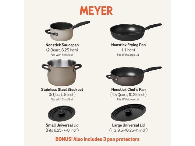 Meyer 6pc Stackable Set with Universal Lids Hard Anodized Non Stick and Stainless Steel Pots and Pans Induction Compatible Dishwasher Safe ...