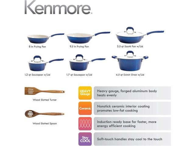 Kenmore Arlington Nonstick Ceramic Coated Forged Aluminum Induction Cookware with Bakelite Handles, 12-Piece Set, Metallic Blue