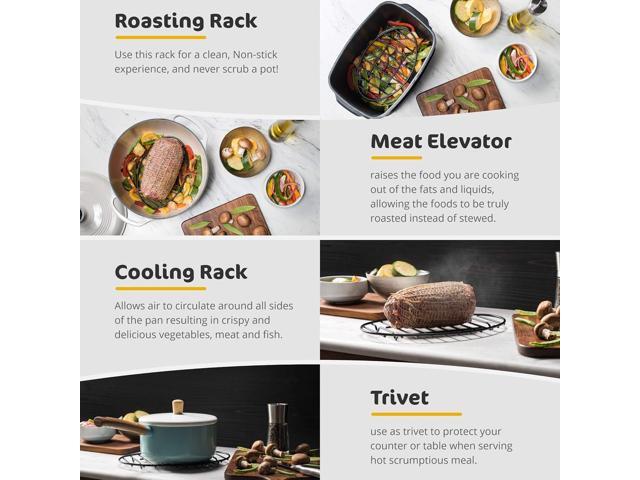 GOURMEX Black Oval Roasting Rack with Integrated Feet Stainless Steel Kitchen Rack With Non-Stick Coating, PTFE Free Oven and Dishwasher Safe ...