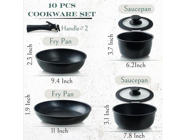 Moss & Stone 10pcs Black Pots and Pans Set Non Stick, Cookware Sets Detachable Handle, RV Kitchen Set Removable Handle, Oven Safe, Induction Ready,...