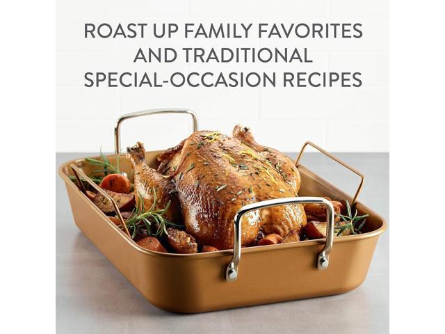 Ayesha Curry Nonstick Roaster / Roasting Pan with Rack - 11 Inch x 15 Inch, Brown