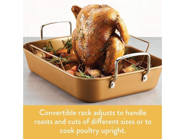 Ayesha Curry Nonstick Roaster / Roasting Pan with Rack - 11 Inch x 15 Inch, Brown