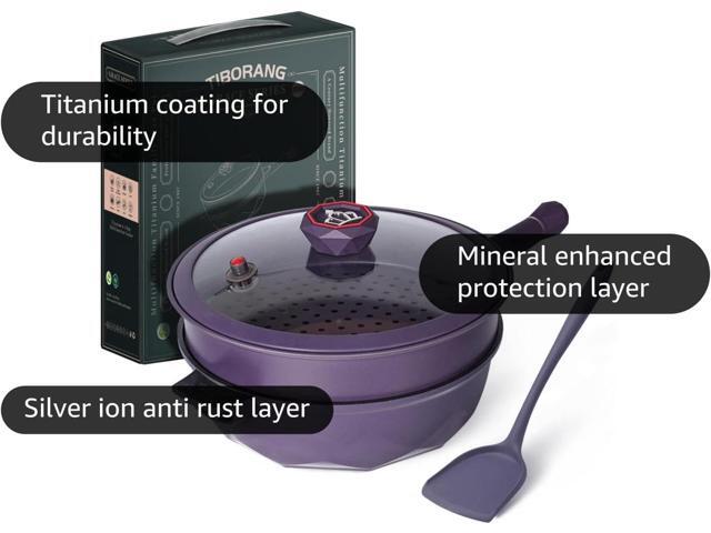 TIBORANG 8 in 1 Multipurpose 11 Inch 5 Qt Frying Pans Nonstick with Lid,Steamed Grid,PFOA-Free,Dishwasher & Oven Safe,Works with All Stovetops (Purple)