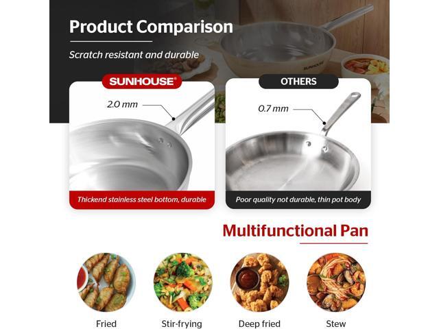Sunhouse 18/10 10 Inch Stainless Steel Frying Pan, Whole-Clad No Coatings Skillet with Stay-cool Handle for Cooking, Durable & Oven Safe to 500°F,...