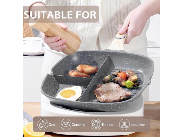 JUSTUP Nonstick Grill Pan, 3-in-1 Egg Pan 11 Inch Non Stick Skillet Pan, Heat Resistant Handle 3 Section Skillet Pancake Pan, Divided Pan Cooking...