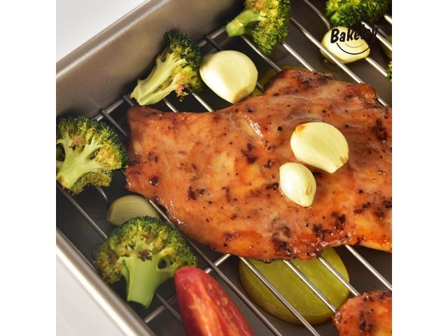 Roasting Pan with Rack, Non-Stick Rectangular Deep Dish Oven-BBQ Bakeware for Oven Baking 13.78' x 9.84' x 2.36' (Champagne Gold)