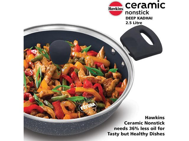 HAWKINS Ceramic Nonstick 2.5 Litre Deep Kadhai, Induction Deep Fry Pan with Glass Lid, Granite Kadai (ICK25G)