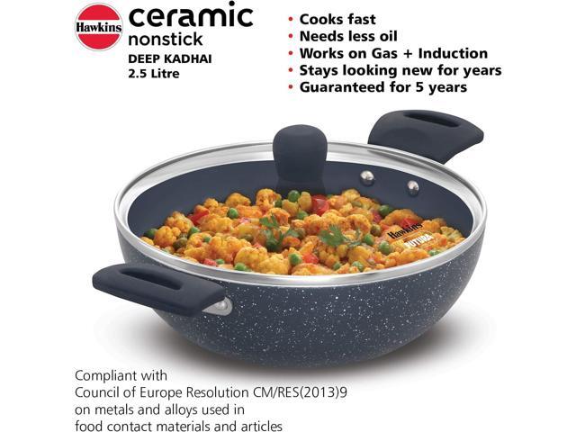 HAWKINS Ceramic Nonstick 2.5 Litre Deep Kadhai, Induction Deep Fry Pan with Glass Lid, Granite Kadai (ICK25G)