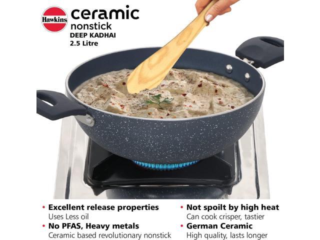 HAWKINS Ceramic Nonstick 2.5 Litre Deep Kadhai, Induction Deep Fry Pan with Glass Lid, Granite Kadai (ICK25G)