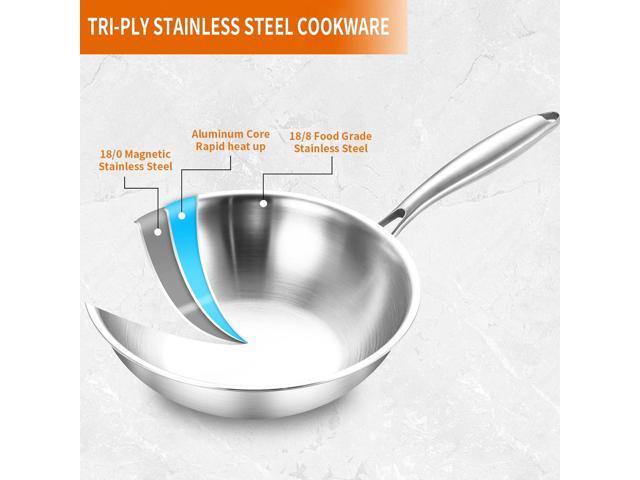 DELARLO Tri-Ply Stainless Steel Woks, 12 Inch Cooking Wok Pan with Lid, Wide & Deep Cookware Stir-Fry Pans, Dishwasher and Oven Safe Up To 600°F,...