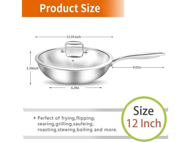 DELARLO Tri-Ply Stainless Steel Woks, 12 Inch Cooking Wok Pan with Lid, Wide & Deep Cookware Stir-Fry Pans, Dishwasher and Oven Safe Up To 600°F,...