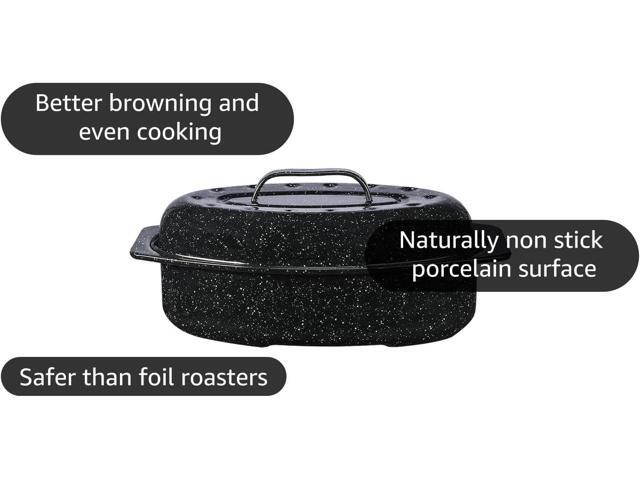 Granite Ware 13-inch oval roaster with Lid. Enameled steel design to accommodate up to 7 lb poultry/roast. Resists up to 932°F. Ideal for preparing...