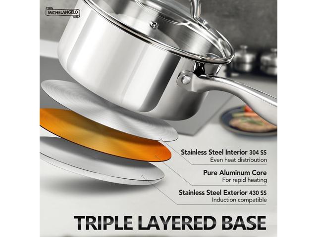 MICHELANGELO Saucepan Set 6pc, 18/10 Stainless Steel Sauce Pan with Lid, Tri-Ply Bottom Sauce Pot Set, Nonstick Saucepan, Induction Compatible, 1QT...