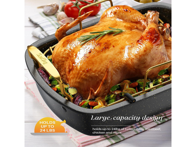 Roasting Pan, 17' x 13' Nonstick Roasting Pan with Rack, Turkey Roasting Pan, Oven Roasting Pan, Roaster Pan for Turkey, Chicken, Vegetable, Gold &...