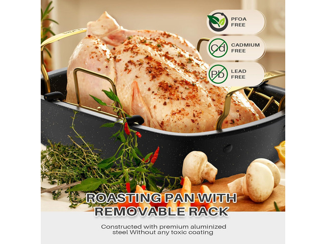 Roasting Pan, 17' x 13' Nonstick Roasting Pan with Rack, Turkey Roasting Pan, Oven Roasting Pan, Roaster Pan for Turkey, Chicken, Vegetable, Gold &...