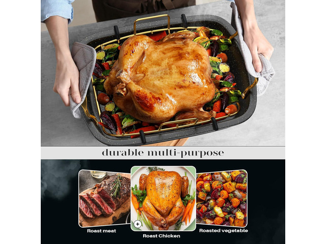 Roasting Pan, 17' x 13' Nonstick Roasting Pan with Rack, Turkey Roasting Pan, Oven Roasting Pan, Roaster Pan for Turkey, Chicken, Vegetable, Gold &...