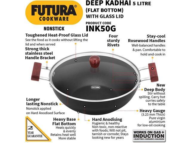 Hawkins Futura 5 Litre Deep Kadhai, Non Stick Kadai with Glass Lid, Flat Bottom Induction Kadhai, Black (INK50G)