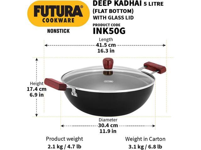 Hawkins Futura 5 Litre Deep Kadhai, Non Stick Kadai with Glass Lid, Flat Bottom Induction Kadhai, Black (INK50G)