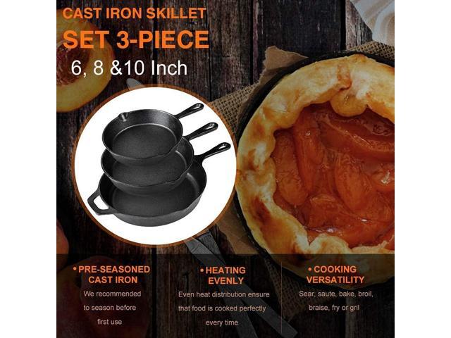 Pre-Seasoned Cast Iron Skillet Set of 3 6', 8' & 10' Cast Iron Frying Pans with 3 Heat-Resistant Holders - Indoor and Outdoor Use - Oven Grill...
