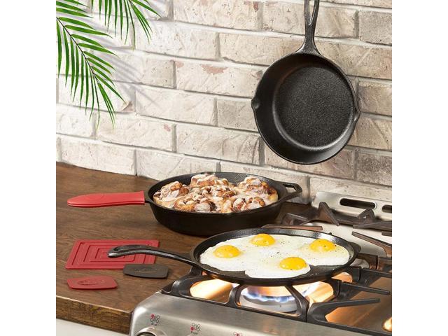 Pre-Seasoned Cast Iron Skillet Set of 3 6', 8' & 10' Cast Iron Frying Pans with 3 Heat-Resistant Holders - Indoor and Outdoor Use - Oven Grill...