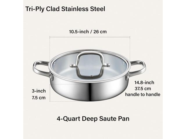 Cook N Home Deep Saute Pan with Lid 4 Quart, Tri-Ply Clad Stainless Steel Deep Frying Pan, 10.5 Inch Skillet, Induction Cooking Pan Kitchen Pan, Silve