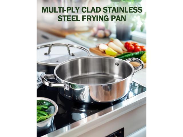 Cook N Home Deep Saute Pan with Lid 4 Quart, Tri-Ply Clad Stainless Steel Deep Frying Pan, 10.5 Inch Skillet, Induction Cooking Pan Kitchen Pan, Silve