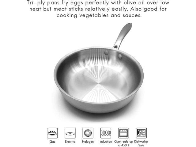 Fortune Candy 8-Inch Fry Pan with Lid, 3-ply Skillet, 18/8 Stainless Steel, Dishwasher Safe, Induction Ready, Silver