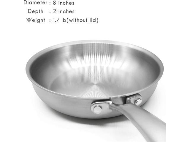 Fortune Candy 8-Inch Fry Pan with Lid, 3-ply Skillet, 18/8 Stainless Steel, Dishwasher Safe, Induction Ready, Silver