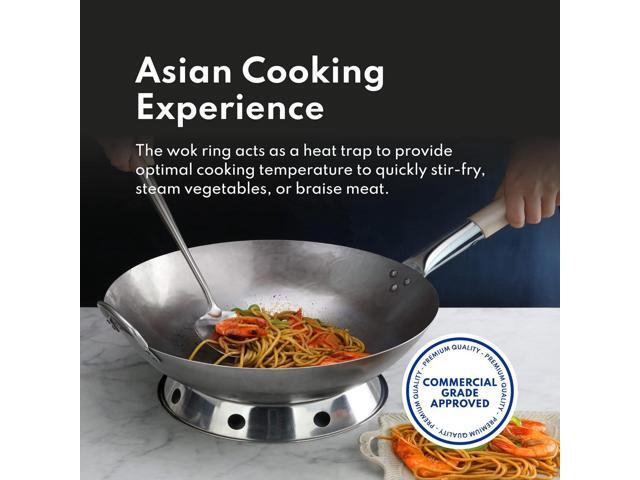 New Star Foodservice Carbon Steel Wok Set - 14' Round Bottom, Hand Hammered With Wood and Steel Helper Handle, Includes Rack/Ring and Spatula (Hand...