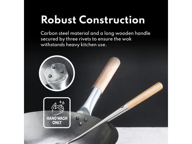 New Star Foodservice 1028720 Carbon Steel Pow Wok Set with Wood and Steel Helper Handle, Hand Hammered, Includes 14' Round Bottom Wok, Wok...