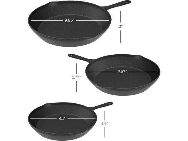 Frying Pans - Set of 3 Pre-Seasoned Cast Iron Skillets with 10-Inch, 8-Inch, and 6-Inch Sizes - Nonstick Camping Cookware by Home-Complete (Black)