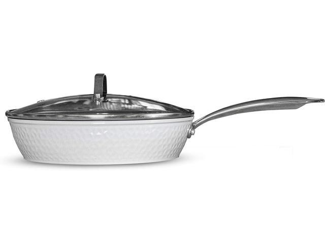 Luxurious Non-Stick Ceramic 12 Inch White Hammered Pan with Lid, Lightweight, Scratch-Resistant, Dishwasher Safe, Oven Safe up to 500°F, Suitable.